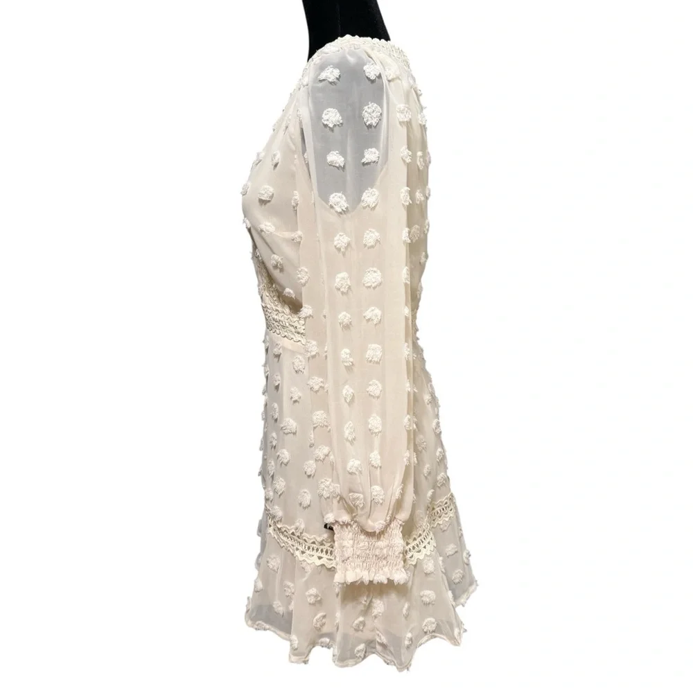 Lulus Might Be Magic Ivory Clip Dot Lace Long Sleeve Ruffle Mini Dress Small NWT - Picture 8 of 12